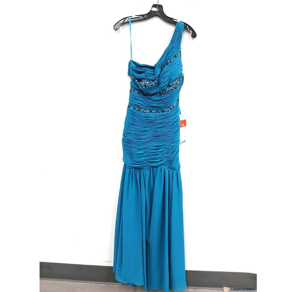 Dancing Queen Turquoise Beaded One-Shoulder Formal Evening Gown – Size M NWT